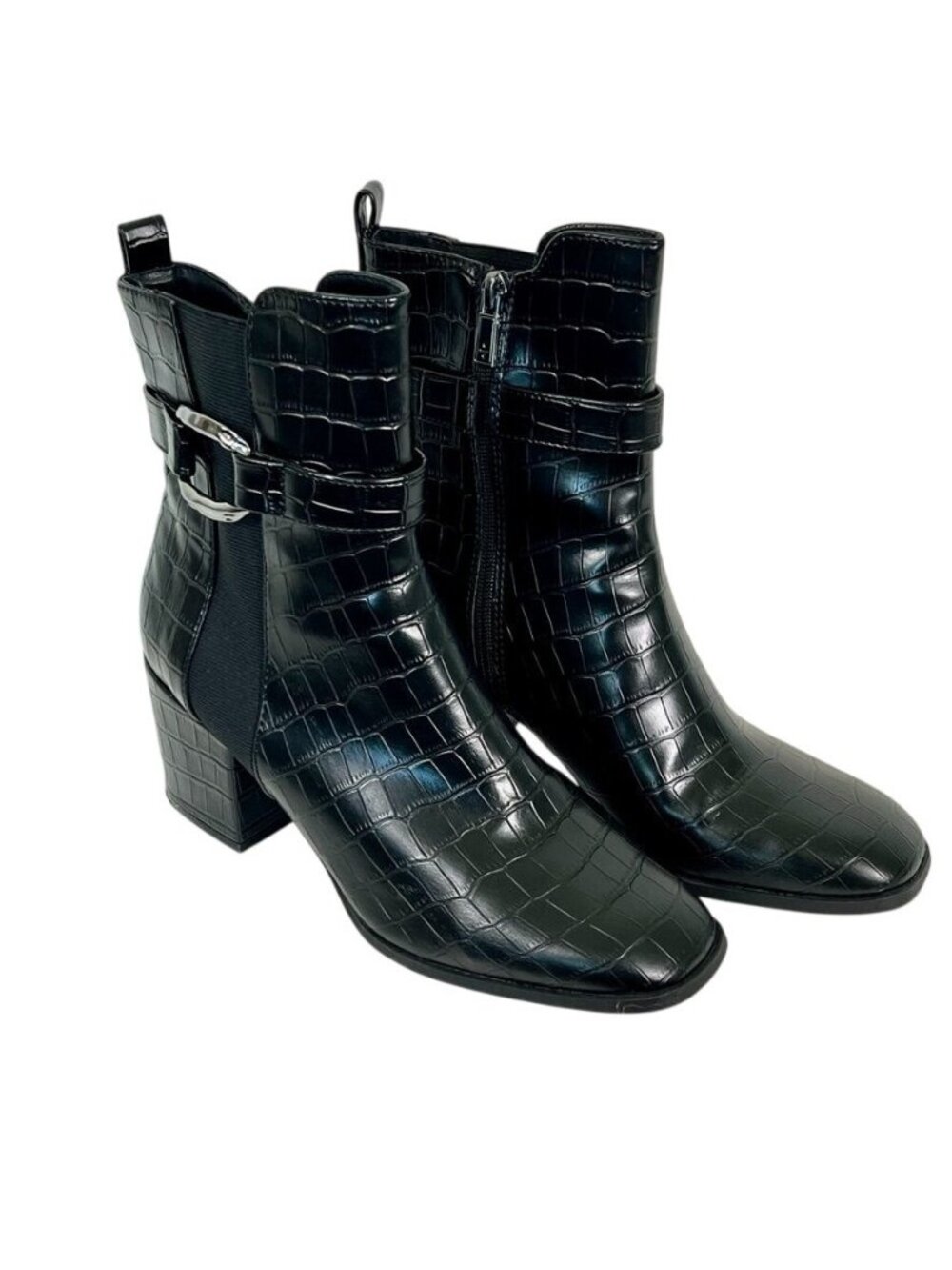 Kenneth Cole Black Croc Embossed Ankle Boots Block Heel Women Sz 9 NWOB 90s Y2K - Picture 2 of 14
